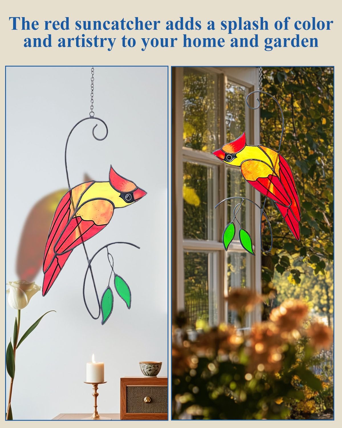 Cardinal Stained Glass Window Hanging, Handmade Memorial Gift for Women Men, Sun Catcher Indoor Window Decor, Suncatcher Bird Decoration, for Mom Bird Lover, 14.6(H) x5.9(W) Inch, Hanger Given