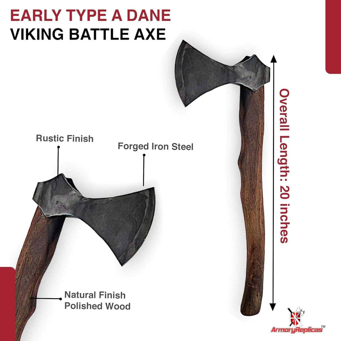 Armory Replicas™ Hand Forged Rustic Iron Steel Battle Axe – 20" Wood Handle, Fully Functional Camping & Reenactment Tool – Perfect for Outdoor Survival