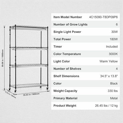 VEVOR Plant Stand with Grow Light, 4 Tiers Plant Shelf with 3000K 180W LED Full Spectrum Light for Indoor Plants, Grow Light Shelf with Timer for Seed Starting 35.4" L x 13.8" W x 59.1" H