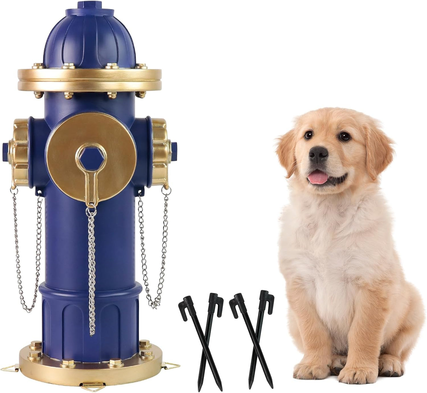 Dog Fire Hydrant Puppy Pee Training Post Garden Statue, Blue & Gold Fire Hydrant Outdoor Figurines Decor for Yard Garden Lawn Patio, 14 Inches (H) *6.5 Inches(W)