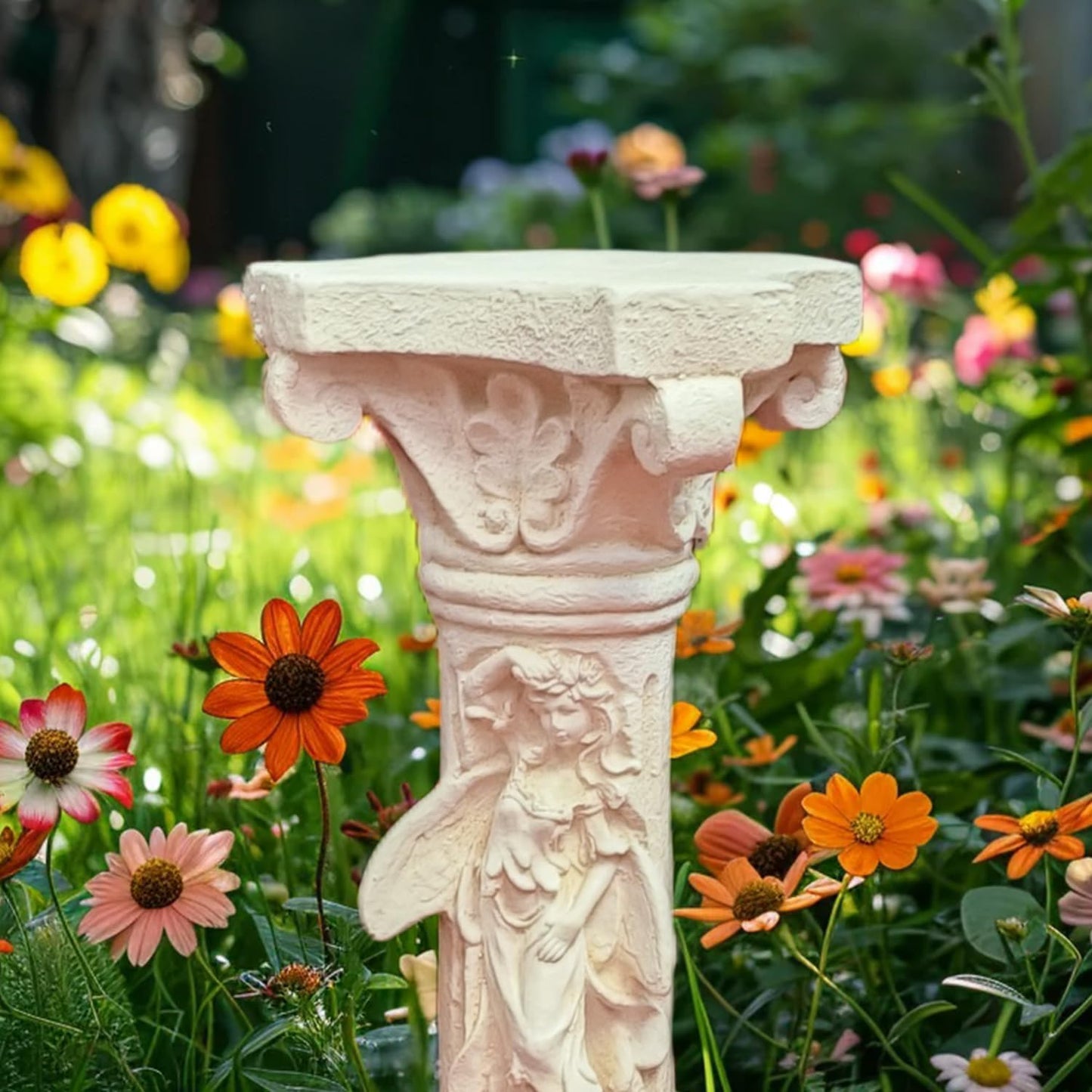 Vintage Weathered 21.3’’H Winged Angel Roman Column Statue Oxidized Magnesium Pedestal Base for Home Garden Yard Patio Decor Event Displays, White