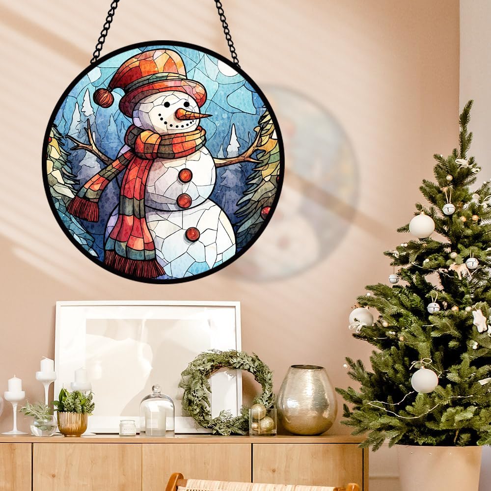 Snowman Stained Glass Window Hanging, Snowman Suncatcher Panel for Indoor Outdoor, Xmas Glass Hanging Ornament for Wall, Balcony, Porch Décor, Christmas Party Decoration Gifts for Boys Girls, Family