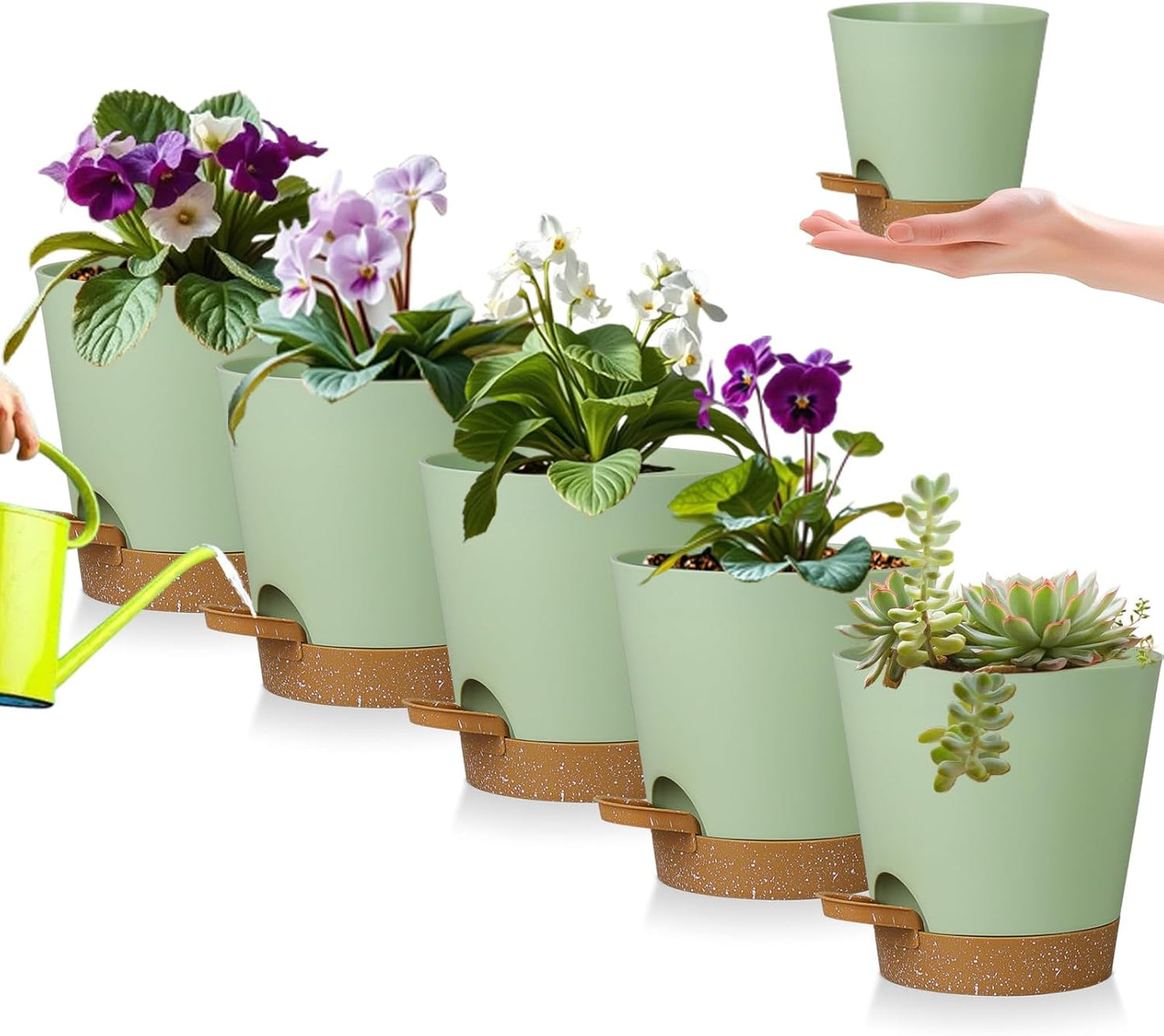 5 Pack 5 inch Self-Watering Pots, African Violets Planter with Drainage Holes and Reservoir, Green Brown Plastic Planter for Indoor Outdoor Plants Flowers and Houseplants Green Brown, 5 inch 5 pcs