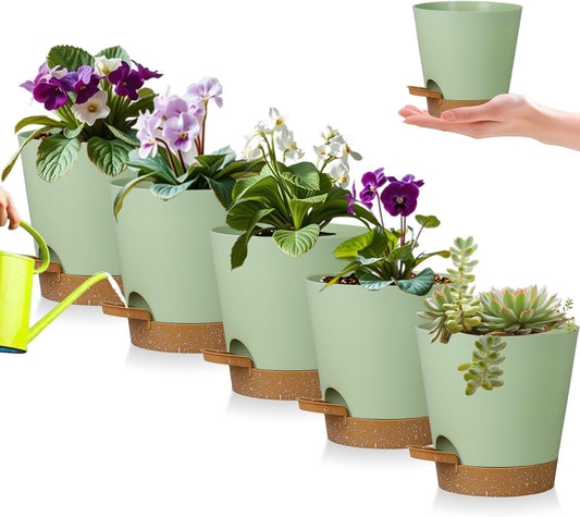 5 Pack 5 inch Self-Watering Pots, African Violets Planter with Drainage Holes and Reservoir, Green Brown Plastic Planter for Indoor Outdoor Plants Flowers and Houseplants Green Brown, 5 inch 5 pcs