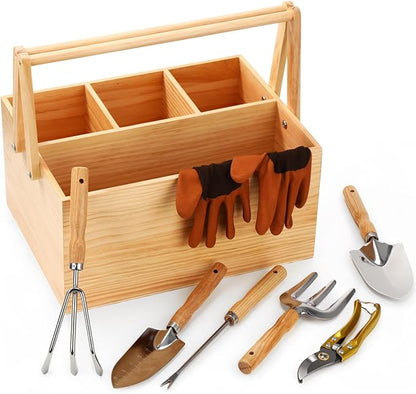 Remerry 8 Pcs Garden Tools Set Harvest Basket Wood Stainless Steel Heavy Duty Gardening Hand Tool Pruning Shears Gloves Garden Caddy Harvesting Basket Gifts for Gardening Lovers Enthusiasts Planting