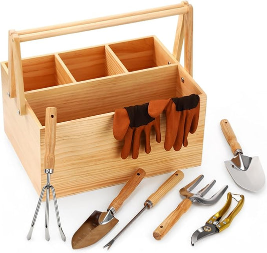 Remerry 8 Pcs Garden Tools Set Harvest Basket Wood Stainless Steel Heavy Duty Gardening Hand Tool Pruning Shears Gloves Garden Caddy Harvesting Basket Gifts for Gardening Lovers Enthusiasts Planting