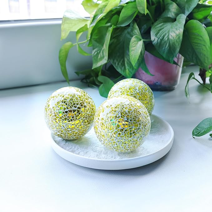 Gold 3.35 Inch Glass Balls Decorative for Bowls Crack Mosaic Orbs Solid Spheres Ball Round Globe Vase Filler Coffee Table Decor Modern Wedding Party 3 Pcs