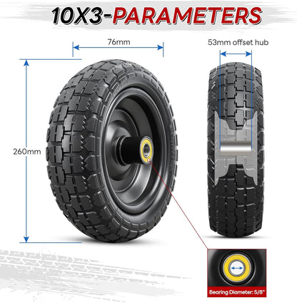 2 Pcs 10” Solid Tires, 10" x 3" Flat Free Tire and Wheel with 5/8” Axle Bore Hole and Double Sealed Bearings,2.1" Offset Hub Compatible with 10x3 Hand Truck, Wheelbarrow, Lawn Mower Tires
