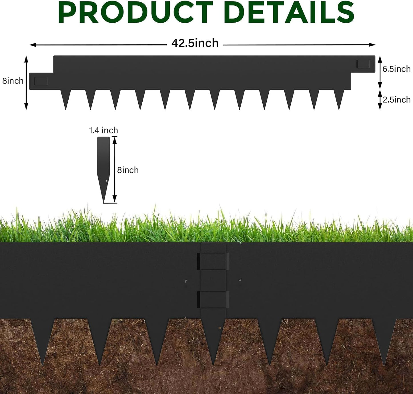 6-Pack 8 inch Black Metal Landscape Edging, Metal Garden Edging Border with 6 Clips,40 Inch Steel Landscape Edging for Yard, Garden, Lawn