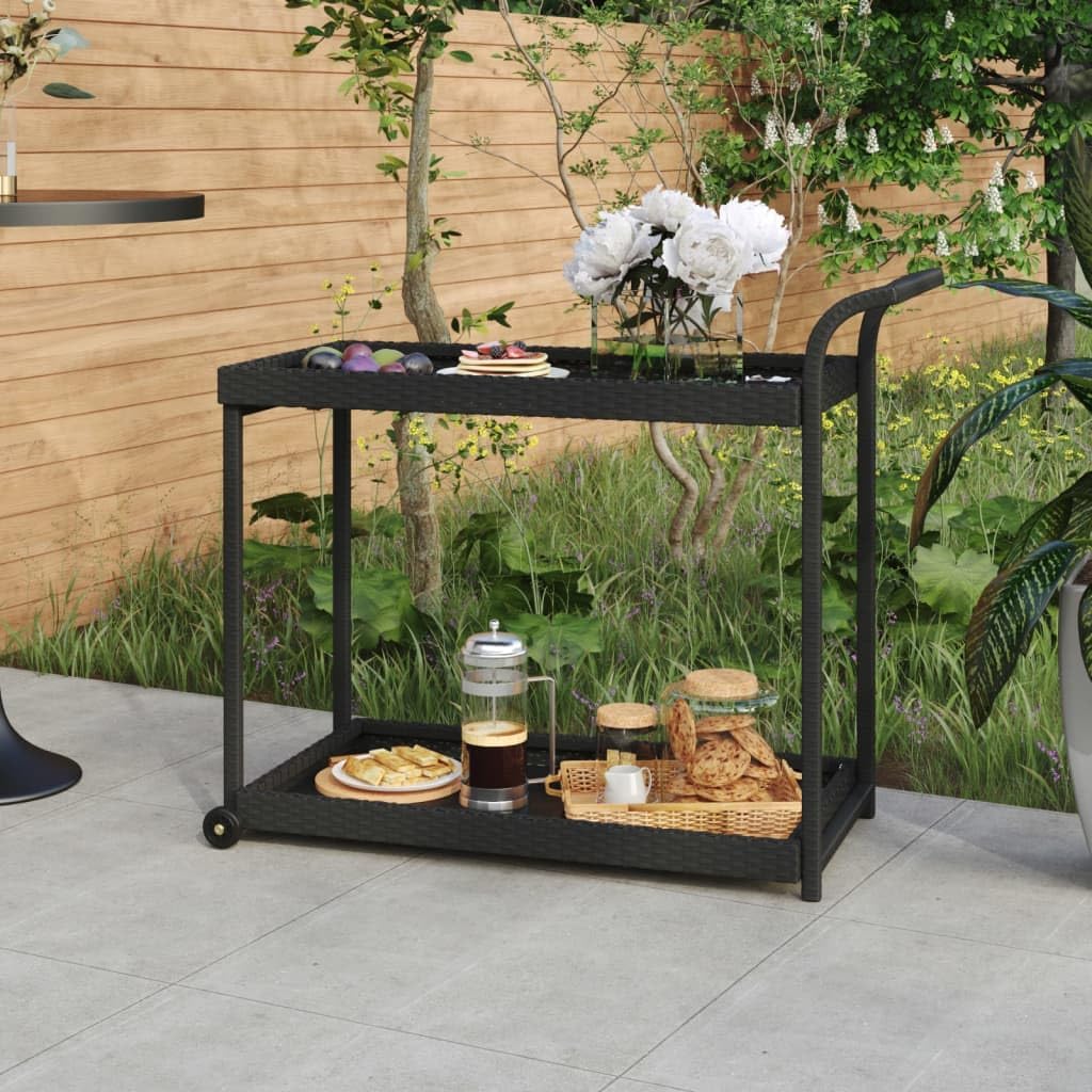 Outdoor Rolling Wicker Bar Cart with Storage Shelves, Portable Bar Cart with Wheels, Patio Kitchen Island Cart for Pool Deck Backyard, Black 39.4"x17.7"x32.7" Poly Rattan -463