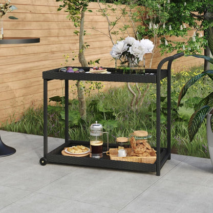 Outdoor Rolling Wicker Bar Cart with Storage Shelves, Portable Bar Cart with Wheels, Patio Kitchen Island Cart for Pool Deck Backyard, Black 39.4"x17.7"x32.7" Poly Rattan -463