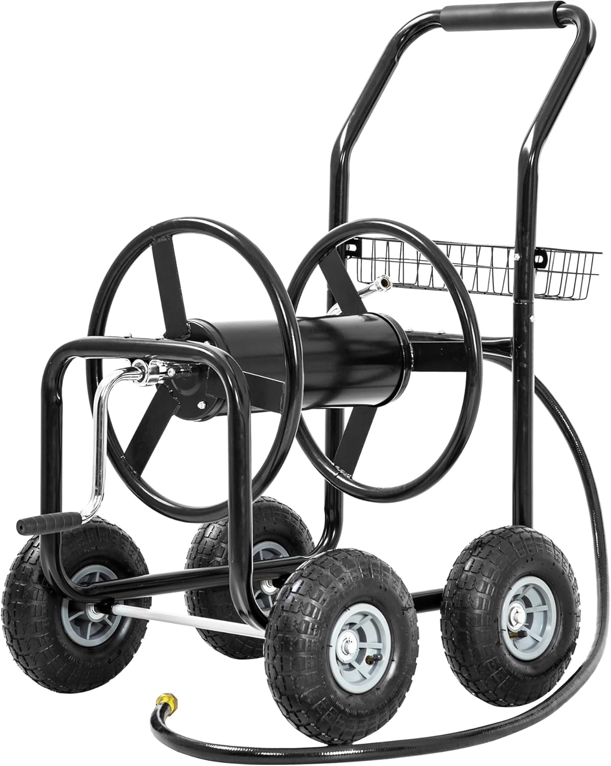 Hose Reel Hold Up To 300 Ft Heavy Duty Garden Hose Reel Sturdy Water Hose Reel Cart with 4 Wheels Storage Basket for Garden Lawn Yard Outdoor (Black)