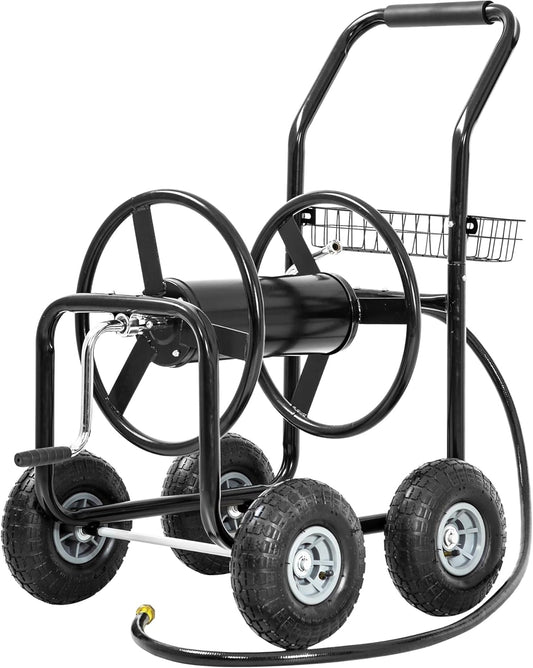 Hose Reel Hold Up To 300 Ft Heavy Duty Garden Hose Reel Sturdy Water Hose Reel Cart with 4 Wheels Storage Basket for Garden Lawn Yard Outdoor (Black)