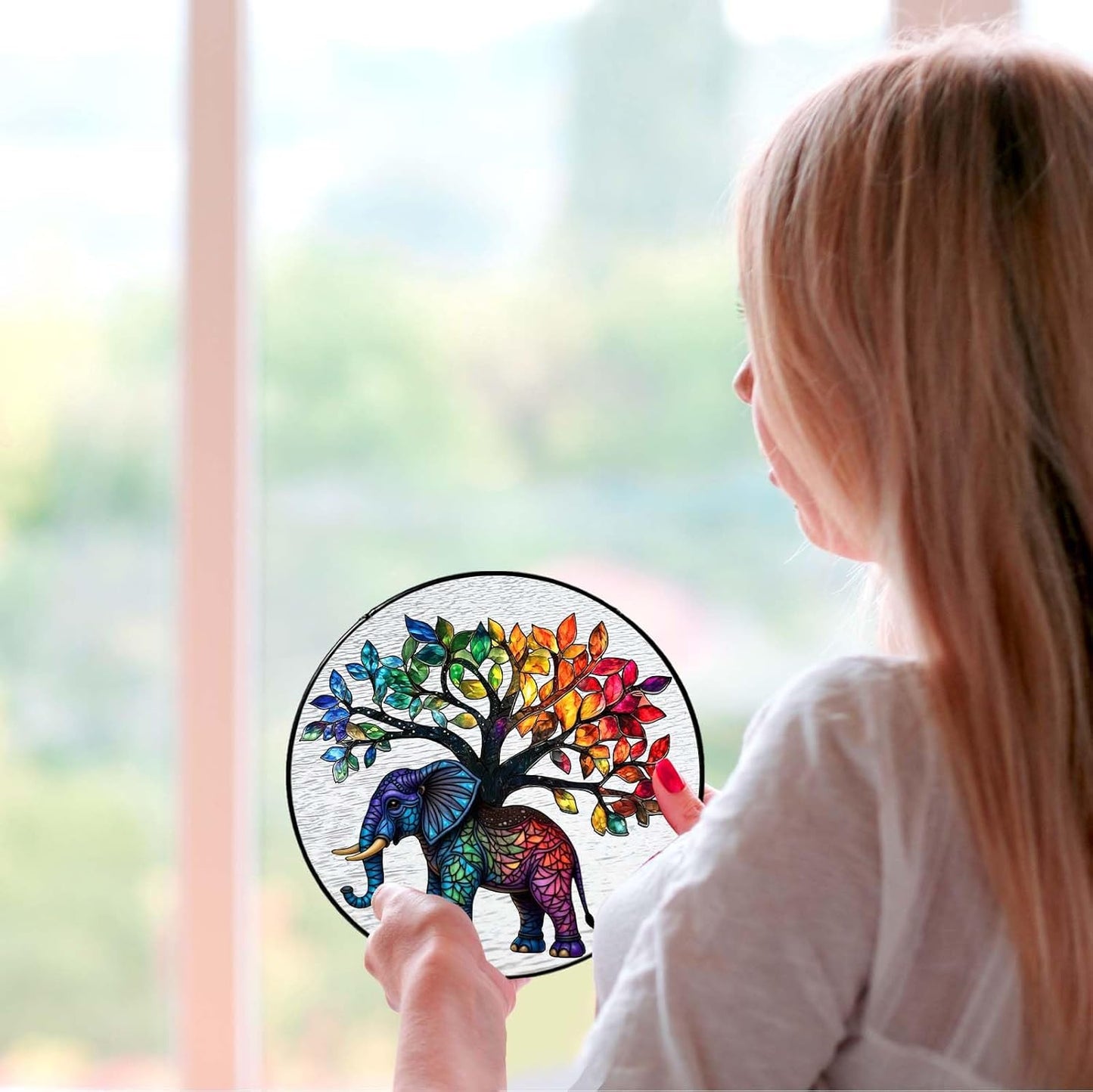 Elephant Tree Stained Glass Window Hanging Boho Animal Sun Catcher Decor Birthday Gifts for Women Christmas Elephant Suncatchers for Home Windows Hanging Decoration, 7.87inch