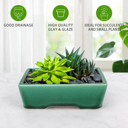 Set of 2 Zisha White Clay Bonsai Pot Glazed Shallow Succulent Planter Green