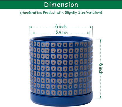 D'vine Dev Set of 2 Ceramic Planter Pots with Drainage Hole and Saucer, 6 Inch Plant Pots for Plants Indoor Houseplants, Blue, 99-Z-A-6-Y