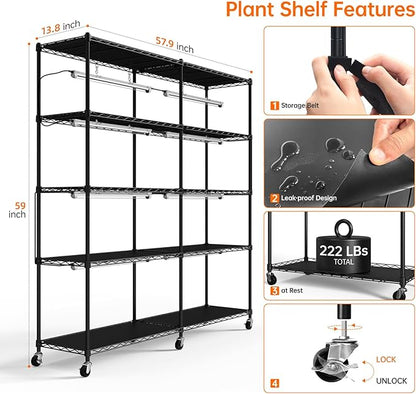 Bstrip 5-Tier Plant Shelf with Grow Light, Large L-Shaped or Long Shape Indoor Plant Stand, 8 Pack 192W T8 Full Spectrum Grow Lights for Indoor Plants & Seed Starting (58L x 13.8W x 59H)