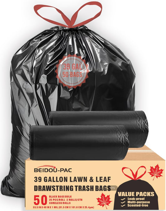 39 Gallon Lawn & Leaf Trash Bags Drawstring, 50 Count, Heavy Duty Black & Unscented Plastic Bags