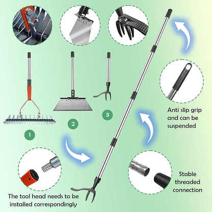 Manual Weed pullerTool, Flat Shovel,Stainless Steel Thatch Rake with Adjustable Handle for Leaf & Moss & Edging & Ice & Snow Removal in Lawn,Driveways, Patios, Garden Cracks (1-3 Tools)