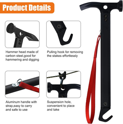 Eurmax USA Hiking Camping Tent Stakes and Hammer Set Lightweight Multi-Function Tent Hammer with Tent Stake Remover,Tent Pegs for Camping, Hiking, Backpacking, Gardening(Red Stakes)