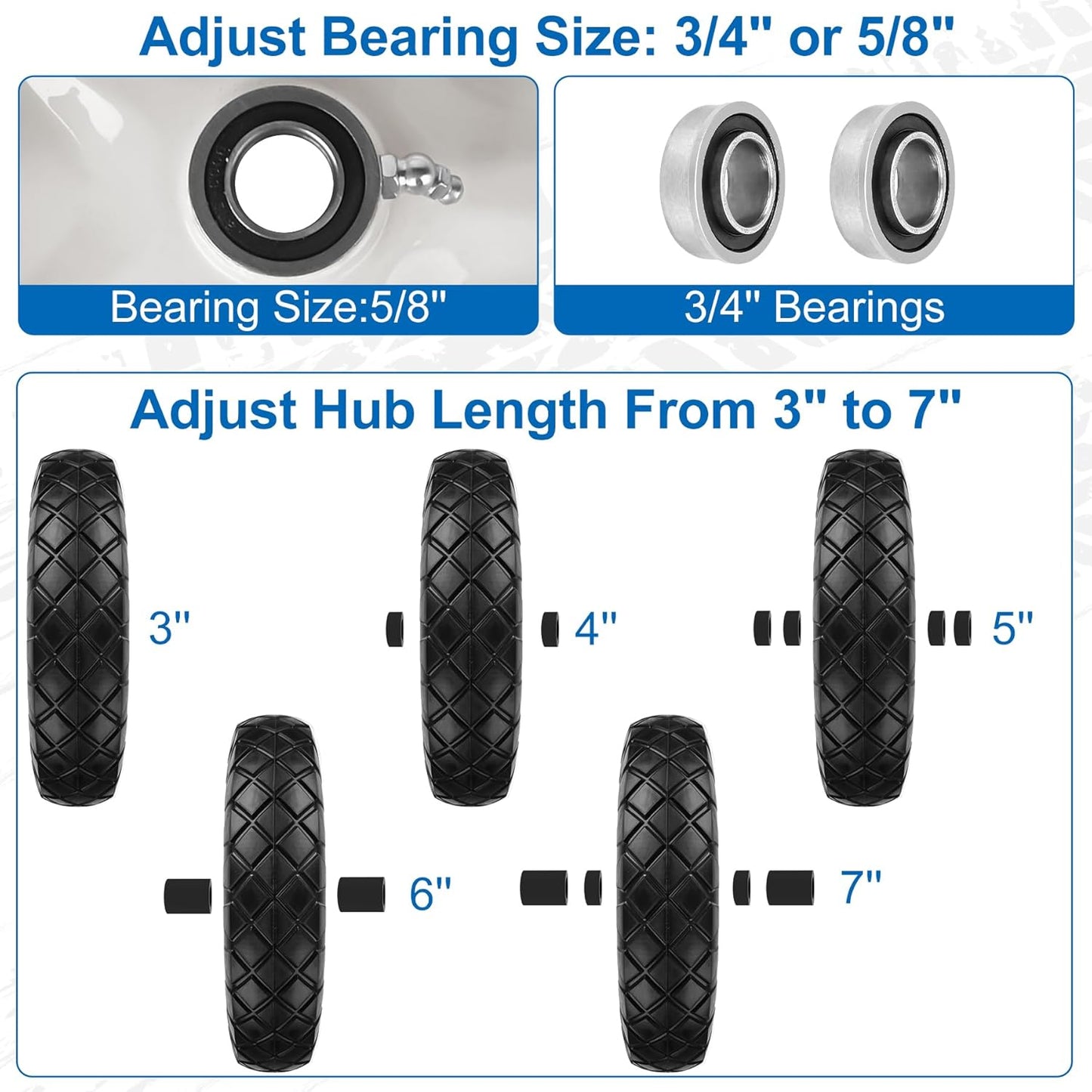 4.80/4.00-8" Flat Free Wheelbarrow Tire and Wheels, 16" Universal Fit Solid Tire with 5/8" or 3/4" Bearing, 3"-7" Hub, Adapter Kit Hand Truck Wheel Replacement for Garden Trailer, Wagons, 1 PCS
