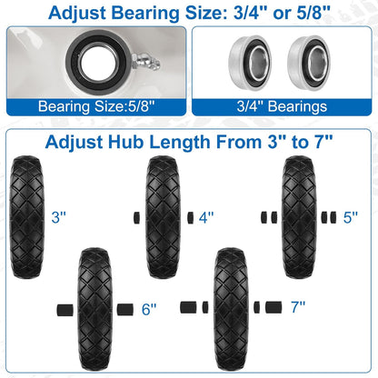 4.80/4.00-8" Flat Free Wheelbarrow Tire and Wheels, 16" Universal Fit Solid Tire with 5/8" or 3/4" Bearing, 3"-7" Hub, Adapter Kit Hand Truck Wheel Replacement for Garden Trailer, Wagons, 1 PCS