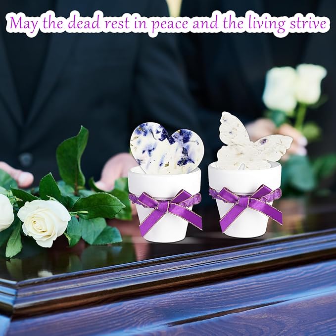 Set of 6 Seed Paper – 6 Purple Hearts & 6 White Pots with Bow for Weddings & Life Events