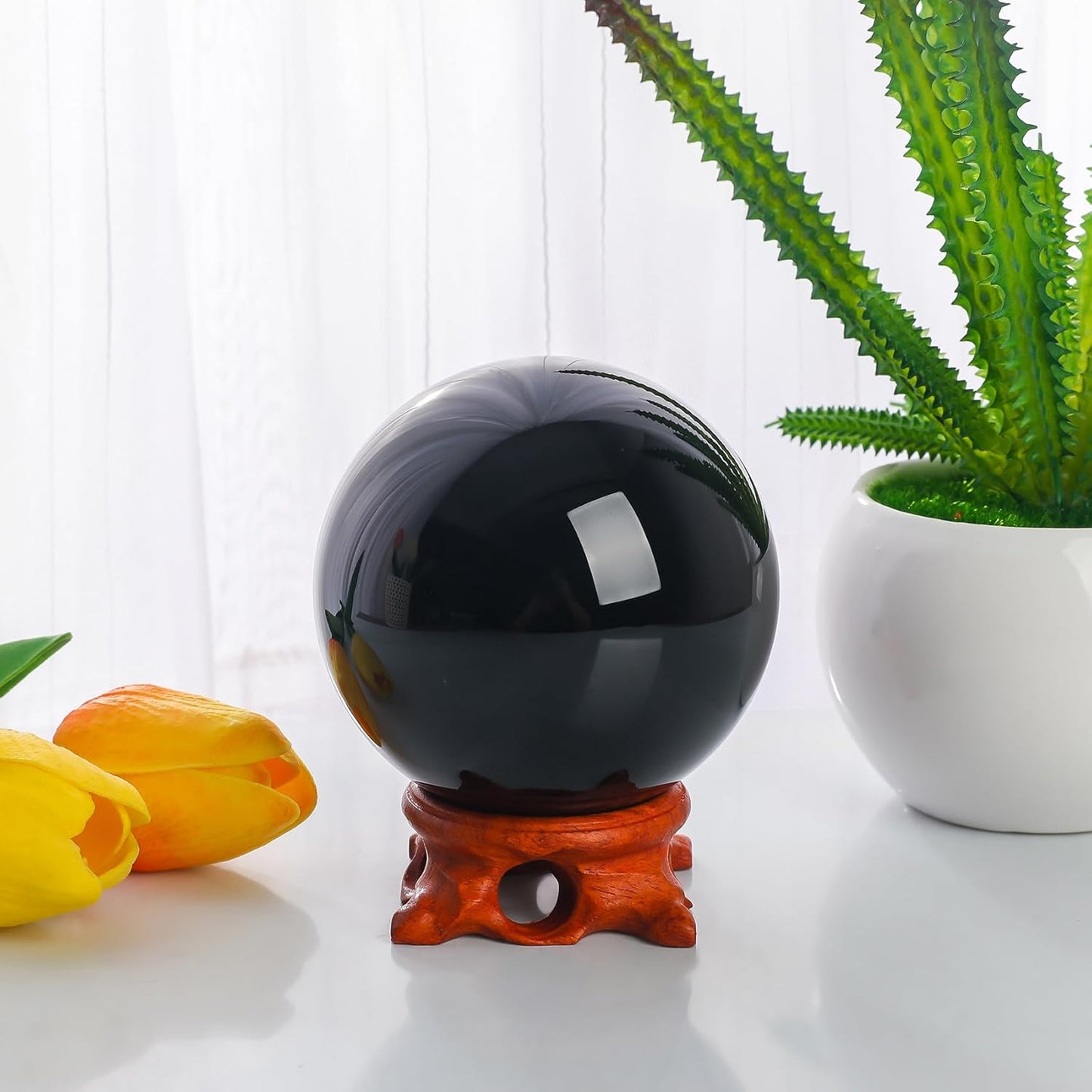 Black Obsidian Crystal Ball 100mm/3.9 inch with Rose Wooden Stand and Gift Box for Meditation,Fortune Teller,Feng Shui, Scrying,Magic,Home Decor,Halloween,Large Quartz Crystal Orb Prop Glass Sphere