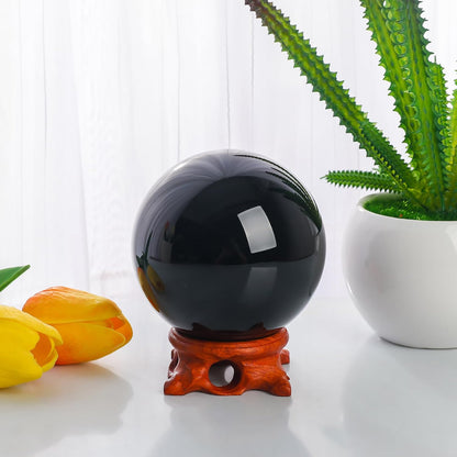 Black Obsidian Crystal Ball 100mm/3.9 inch with Rose Wooden Stand and Gift Box for Meditation,Fortune Teller,Feng Shui, Scrying,Magic,Home Decor,Halloween,Large Quartz Crystal Orb Prop Glass Sphere