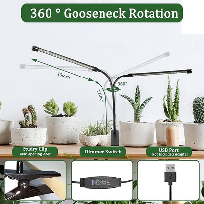 Full Spectrum Grow Lights for Indoor 6000K White Red 40 LEDs, 9-Level Dimmable Indoor Plant Growing Light for Seed Starting, Auto on/Off Clip Plant Grow Lamp, 3/9/12H Timer, Adjust Gooseneck