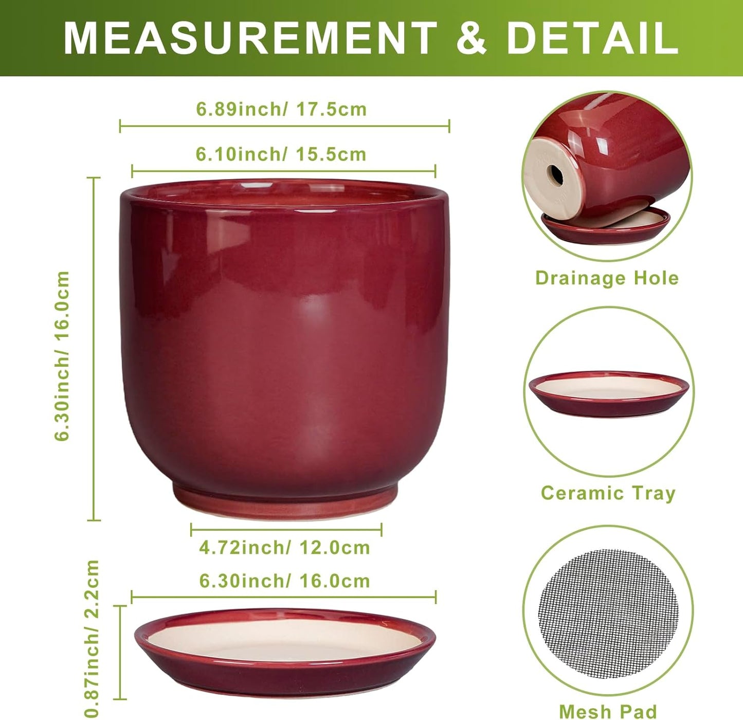 Ceramic Planter for Plants - Round Modern 7 Inch Plant Pot Indoor with Drainage Hole and Saucer, Home Patio Office Apartment Decor, Red