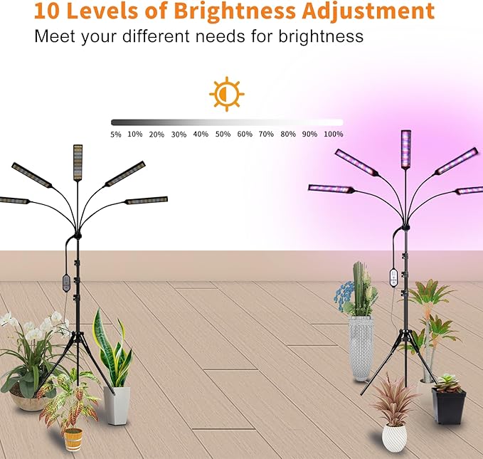 Grow Lights for Indoor Plants Full Spectrum, 5 Heads LED Plant Light with Auto On/Off Timer, 10-Level Dimming & Adjustable Stand for Houseplants, Home Gardeners