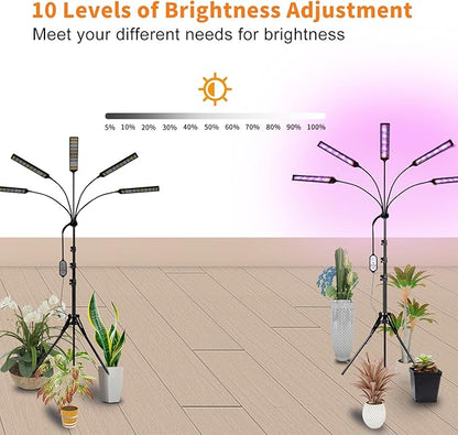 Grow Lights for Indoor Plants Full Spectrum, 5 Heads LED Plant Light with Auto On/Off Timer, 10-Level Dimming & Adjustable Stand for Houseplants, Home Gardeners