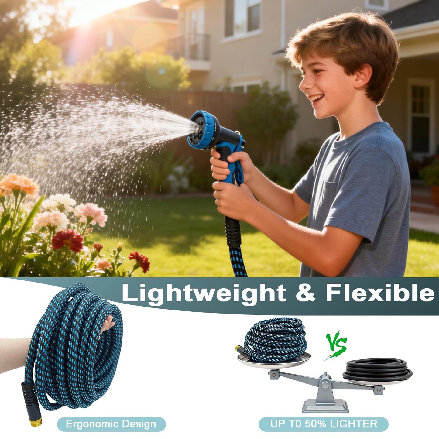 Garden Hose 50ft, Non-Expanding Water Hose Ultra Lightweight, Kink-Free Flexible Hose with