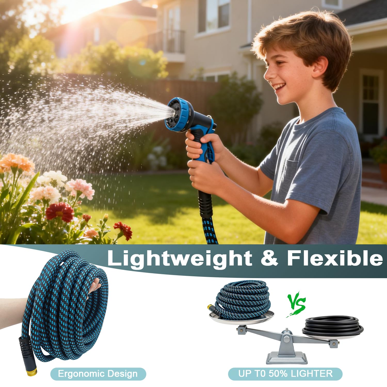 Garden Hose 50ft, Non-Expanding Water Hose Ultra Lightweight, Kink-Free Flexible Hose with