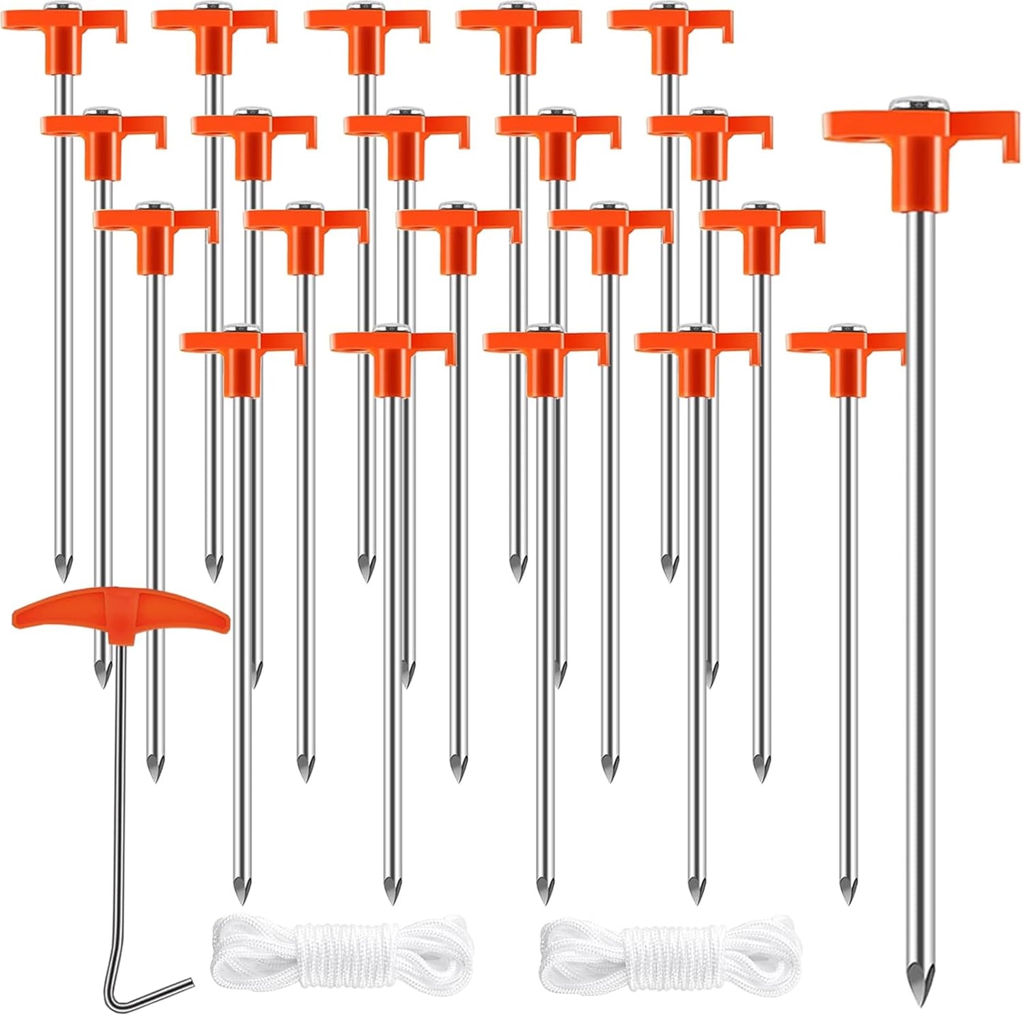 smillixin 23 Pack Tent Stakes Heavy Duty,10 Inch Non-Rust Metal Tent Pegs Camping Stakes,Ground Stakes Tent Spikes for Camping,Garden,Hiking,Grassland,with 1 Pcs Hooked Head & 2 Pcs 10FT Ropes