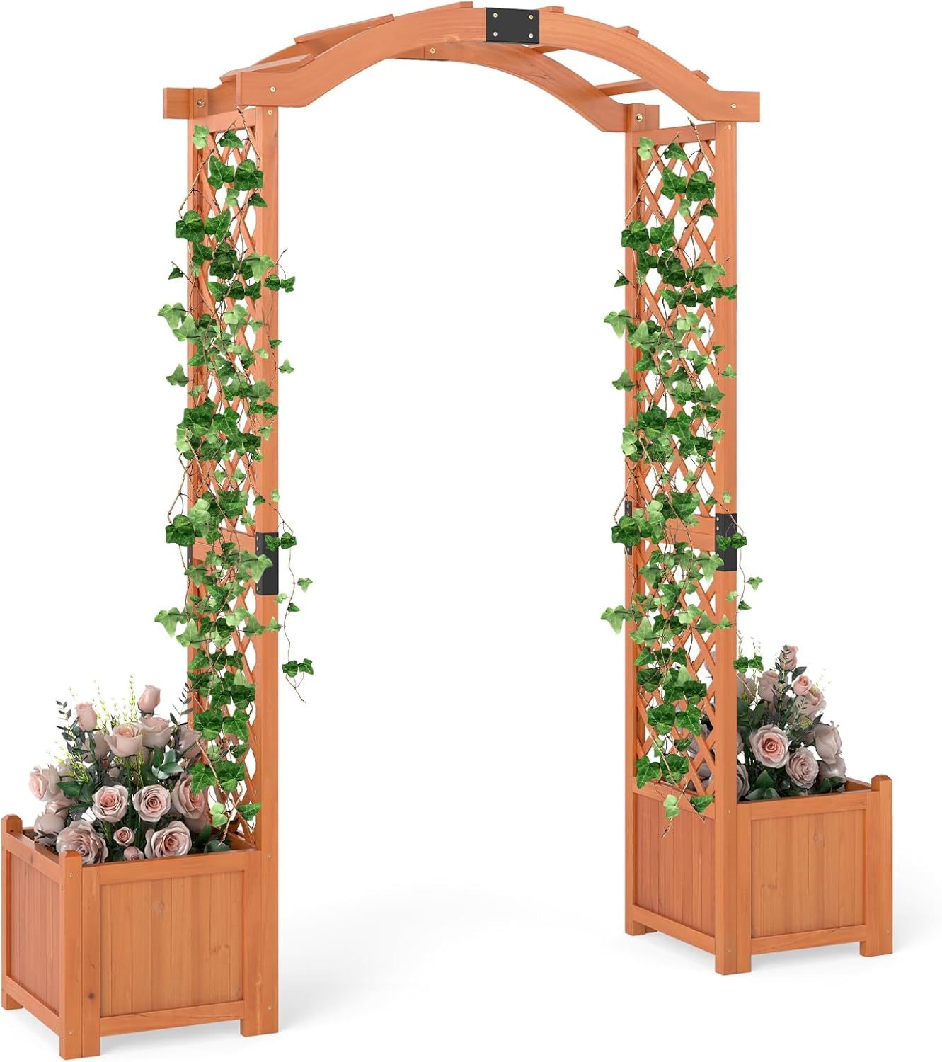 Happygrill Garden Arbor with Planter Boxes, Outdoor Wedding Arch with Trellis for Climbing Plants Vine Vegetables Herbs, Wooden Arbor Archway for Ceremony, Party (Orange)