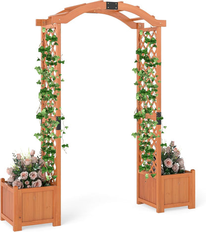 Happygrill Garden Arbor with Planter Boxes, Outdoor Wedding Arch with Trellis for Climbing Plants Vine Vegetables Herbs, Wooden Arbor Archway for Ceremony, Party (Orange)