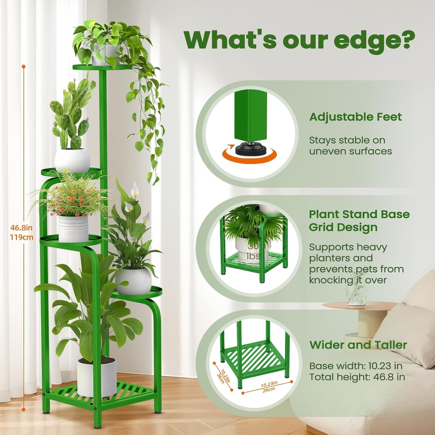 TOSKING 5 Tier Tall Plant Stand Indoor Outdoor, Heavy Duty Corner Shelf for Plants & Decor, Space Saving 3.9FT Metal Flower Pot Stand for Balcony, Garden, Living Room, Patio (Green, 47in)