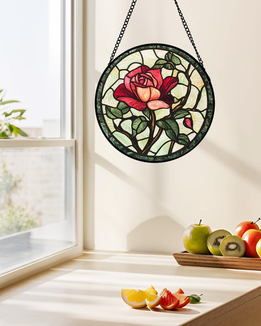Stained Glass Window Hanging, Red Rose Flowers Sun Catcher for Door Garden Home Decor Suncatcher
