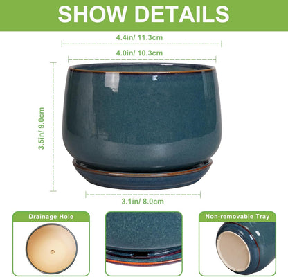 G EPGardening Ceramic Pots for Plants - 4 inch Plant Pots for Indoor Outdoor, Small Planter with Drainage Hole & Tray, Modern Succulent Pots, Round Planter, Office Decor, Home Gifts, Retro Blue