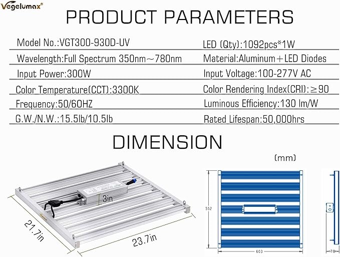 300Watt LED Grow Lamp UV IR Full Spectrum 4x4 5x5ft Coverage Grow Light Bar with 1092pcs Diodes 7 Bars Led Plant Growing Lamp for Vertical Farming Commercial Dimmable, Easy Installation