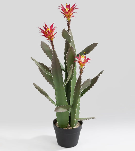 33 Inch Large Artificial Cactus with Magenta Flowers in Pot with Natural Gravel. Satin Finish