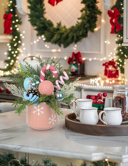 Christmas Centerpieces for Tables, Small Christmas Table Arrangements with Ceramic Vase Pink & Blue Winter Holiday Table Centerpiece with Pine Branches Candy Cane Decor for Tabletop Dinner Tables