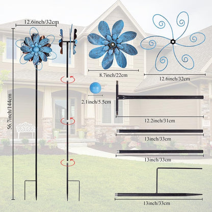 Wind Spinners Outdoor, Metal Flower Garden Pinwheels, Garden Wind Sculptures & Spinners for Yard Lawn Patio Decor - Blue