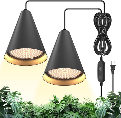 Bstrip 50W Double-Head Hanging Grow Lights for Indoor Plants, 3000K, Black LED Plant Light Bulbs with Timer and 16.4FT Power Cord, Perfect for Tall Plants, Gardens, Flowers, and Greenhouses