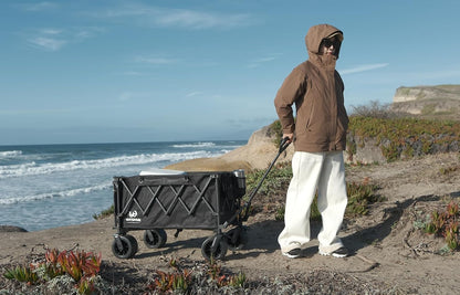 Whitsunday Collapsible Folding Wagon Heavy Duty Utility Beach Wagons with Opened Tailgate and All-Terrain Wheels for Camping,Garden,Sports Black