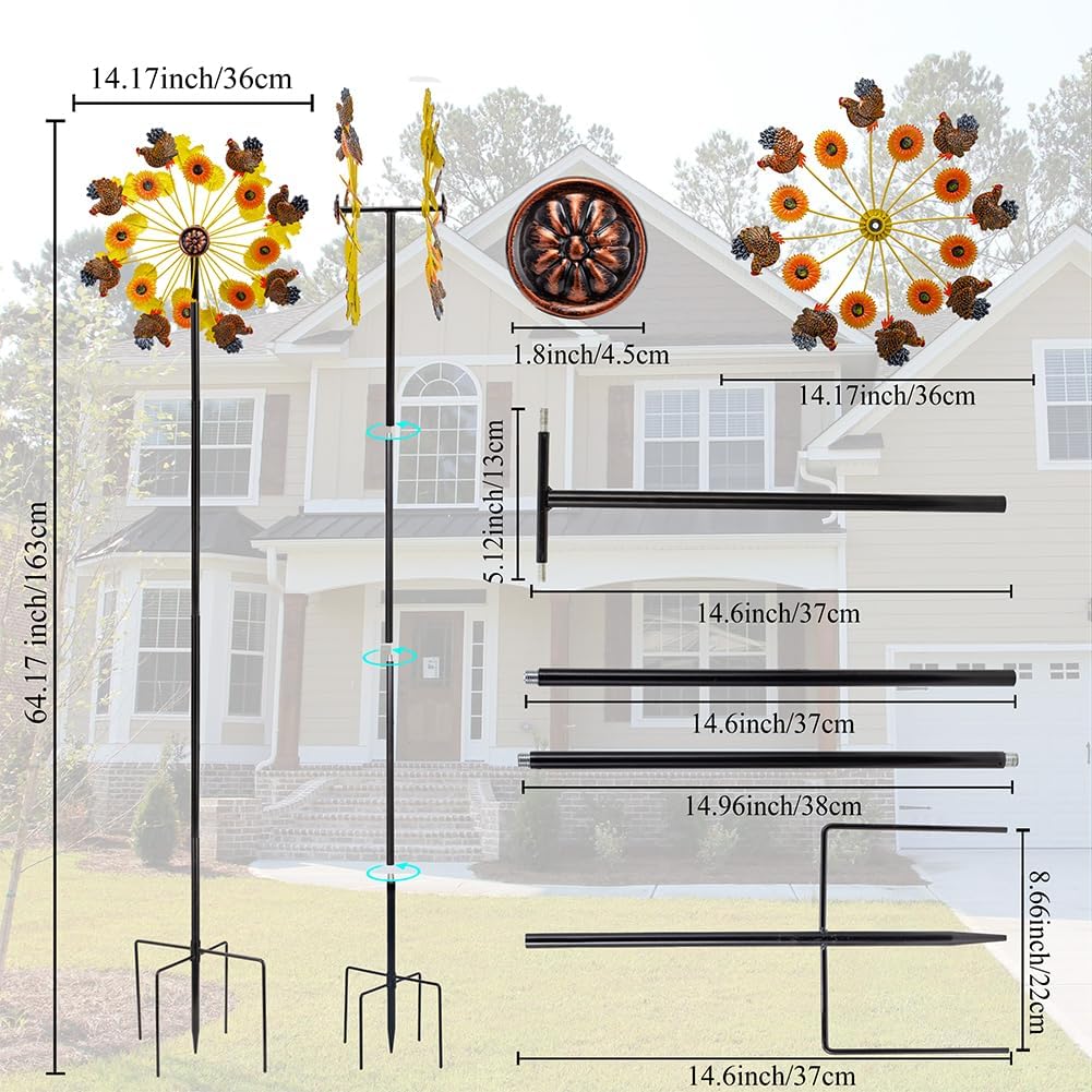 DREAMYSOUL Sunflower and Rooster Fall Wind Spinners, Outdoor Fall Decorations, Metal Kinetic Wind Spinners Chicken Farmhouse Garden Lawn Yard Decor, Fall Harvest Thanksgiving Gifts