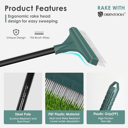 ORIENTOOLS Artificial Turf Rake, Grass Rake with 4 Sections Adjustable Steel Handle from 30" to 53", Hand Telescopic Brush, for Artificial Turf, Patios, Carpets, Pet Hairs and Garden Lawn Clean