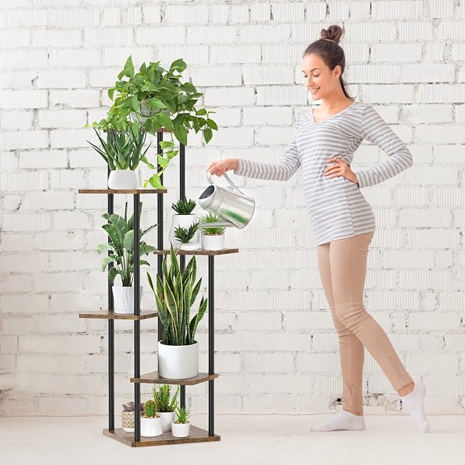 6 Tier Plant Stand Indoor Outdoor, Tall Corner Wood Metal Plant Shelf Holder Clearance, Large Multiple Flower Pot Rack for Patio Orchid Office Porch Living Room Bedroom Garden Balcony, Black
